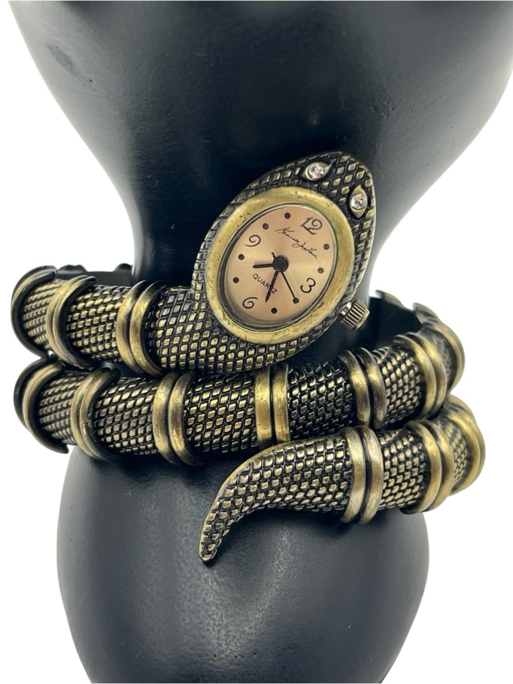 Kenneth Jay Lane bronze tone coiled snake wrap-around watch bracelet